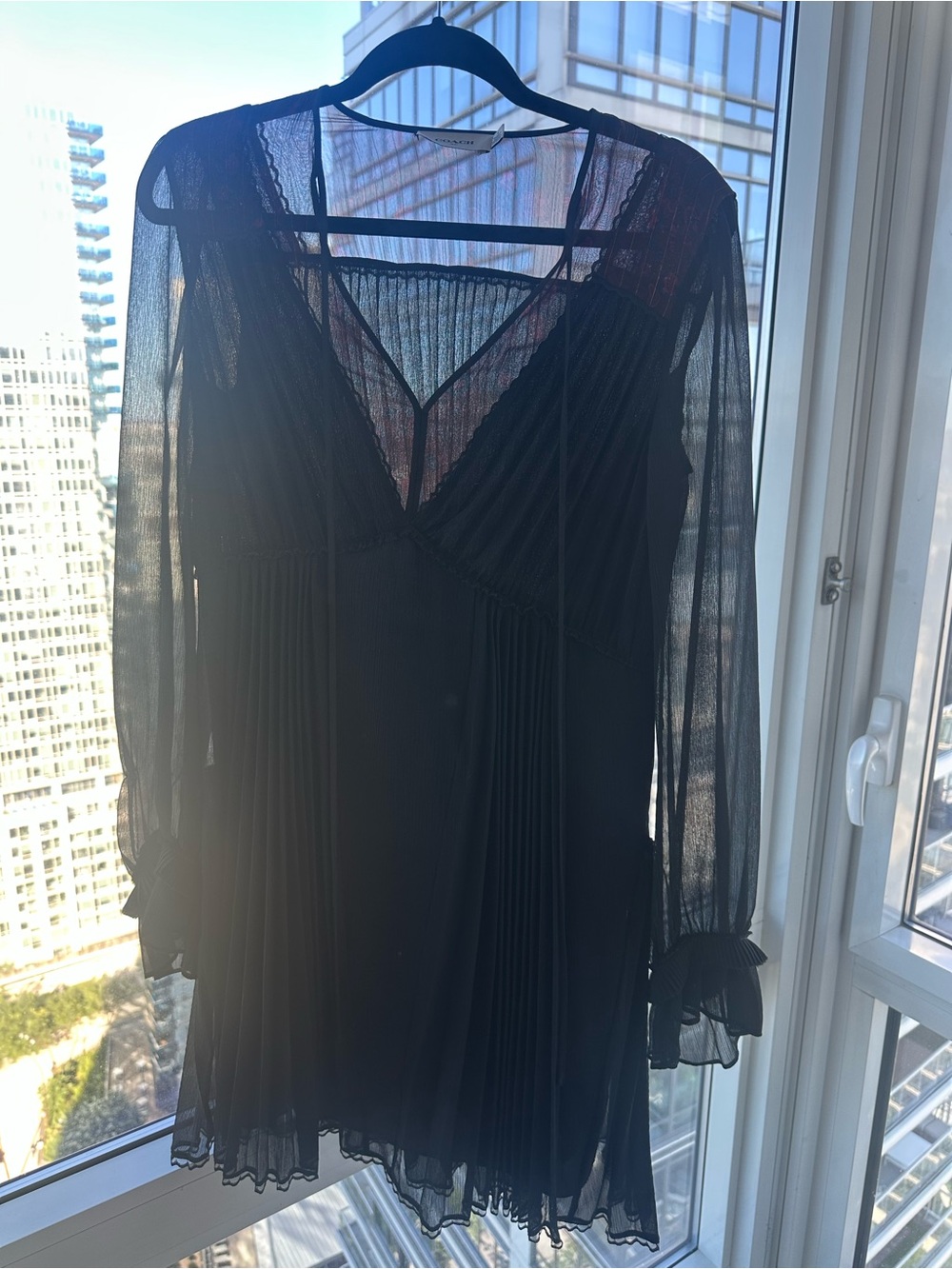Coach Black Sheer Pleated V-Neck Long Sleeve Dress
